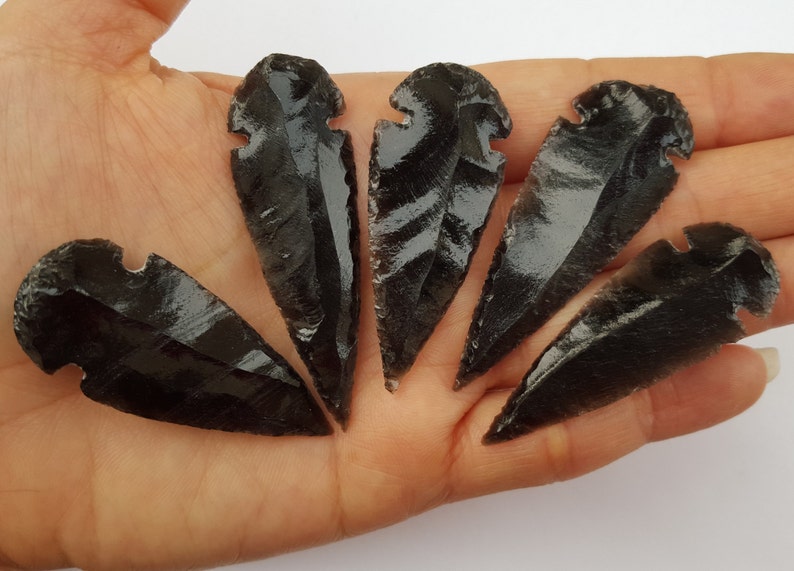 Grandes puntas de flecha de obsidiana negra puntas de flecha suministros de joyería cabezas de lanza negra obsidiana tallada imagen 3