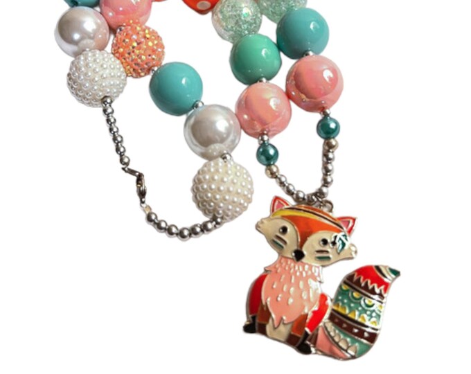 Fox Pendant, Fox Chunky Necklace, Bubblegum Fox Pendant Necklace, Fox Chunky Bubblegum Bead Necklace, Fox Chunky Bead