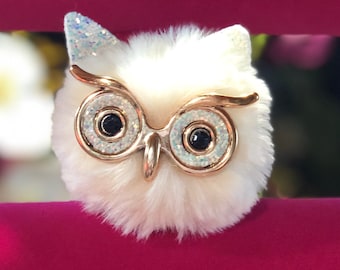 Owl Pompom Keychain: Fluffy Faux Fur Keyring