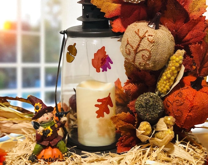 Scarecrow Lantern Centerpiece: Flameless Candle Fall Decor