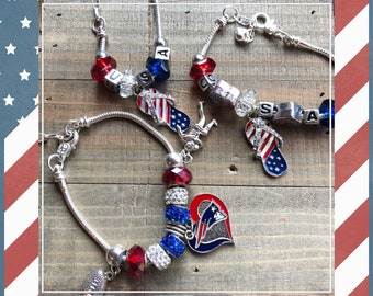 Patriotic Bracelet, USA Charms Bracelet, New England Patriotic Charm, Patriotic Ribbon Charm, Patriotic Heart Charm
