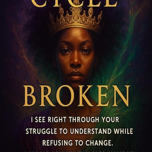 May include: An artistic digital image features a woman wearing a gold crown, with the words "CYCLE" and "BROKEN" in gold lettering. The image includes text: "I SEE RIGHT THROUGH YOUR STRUGGLE TO UNDERSTAND WHILE REFUSING TO CHANGE. I AM NO LONGER TANGLED IN YOUR LOOP."