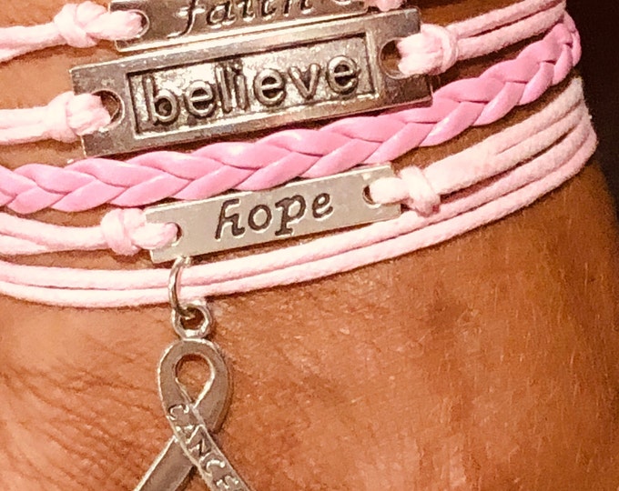 Cancer Charm Bracelet, Faith Believe Hope Cancer Bracelet, Hope Charm, Believe Charm, Faith Charm, Pink Cancer Ribbon