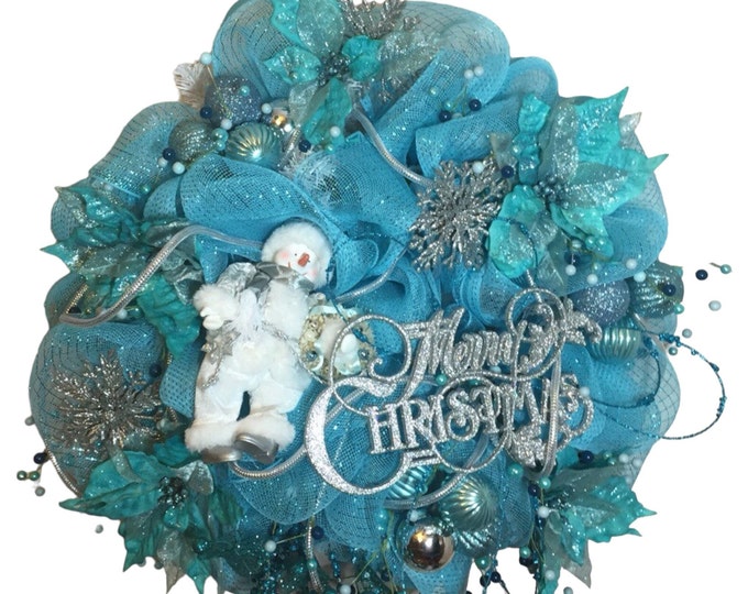 Snowman Christmas Wreath, Christmas Turquoise Wreath