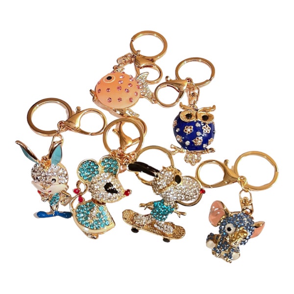 Fashion Rhinestone Keyring, Rabbit keychain, Elephant Keychain charm, Owl keychain, Fish keychain