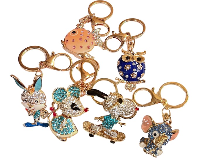 Fashion Rhinestone Keyring, Rabbit keychain, Elephant Keychain charm, Owl keychain, Fish keychain