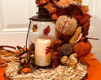 Scarecrow Table Centerpiece, Flameless Candle decor, Fall Decor Centerpiece, Scarecrow Fall Decor, Wedding Centerpiece Lantern