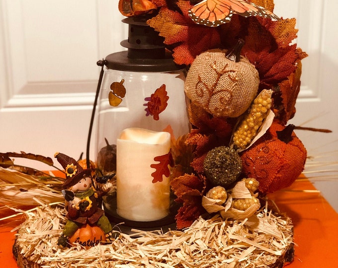 Scarecrow Table Centerpiece, Flameless Candle decor, Fall Decor Centerpiece, Scarecrow Fall Decor, Wedding Centerpiece Lantern