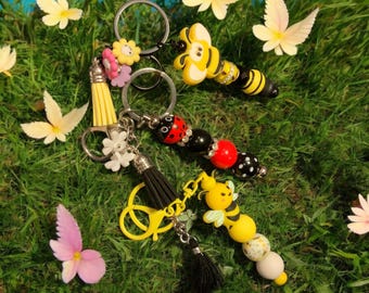 Ladybug Keyring: Polka Dot Beads, Daisy & Tassel Bag Charm
