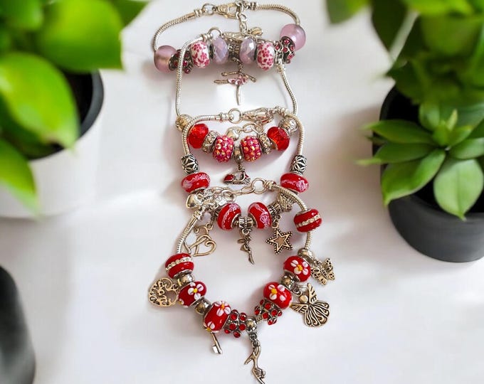 Silver Fairy Charm Bracelet Red Rose Glass Beads, Sliver High Heel Shoe Charm, Scooter Charm, Ballerina Charm, European Style Gift for Her
