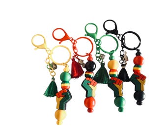 Pan African Power Fist Keychain Afrocentric Beaded Tassel Bag Charm