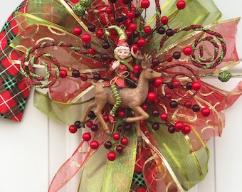 Plaid Candy Cane Wreath – Rustic Elf & Reindeer Christmas Door Decoration