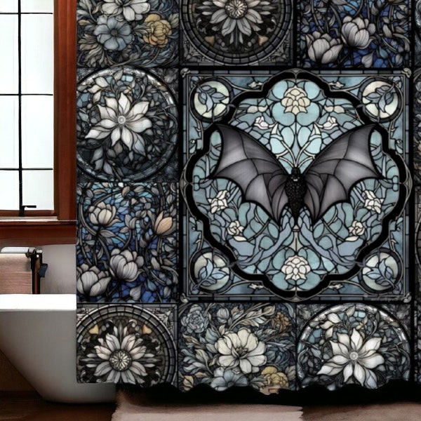 Gothic Stained glass Bat Bath Shower Curtain with 12 C-shaped Hooks 69" x 70", whimsy goth witchy Medieval bathroom decor new home gift