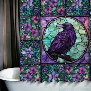 Witchy Cottagecore Stained Glass Raven Shower Curtain with C-shaped Hooks 69" x 70", whimsical Goth Purple Crow bathroom decor move in gift