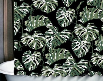 Rideau de douche tropical moderne Albo monstera avec 12 crochets en forme de C 69 x 70 po, cadeau pour la maison de décoration de salle de bain pour amateurs de plantes