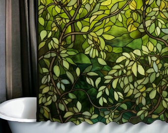 Cottagecore botanical stained glass Bath Shower Curtain with 12 C-shaped Hooks 69" x 70", Green forest foliage nature bathroom decor gift