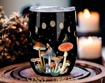 Red Amanita mushroom moon phase 12oz Stainless Steel witchy cottagecore Wine Tumbler, Boho Leak Proof Outdoor drinking Travel coffee Mug