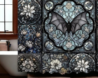 Gothic Stained glass Bat Bath Shower Curtain with 12 C-shaped Hooks 69" x 70", whimsy goth witchy Medieval bathroom decor new home gift