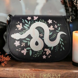 Boho Snake Vegan leather Goth saddle bag, Boho witchy crossed body purse, cute PU leather hand bag goth bag, dark kawaii goth purse gift