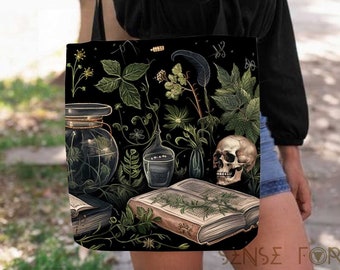 Dark academia cottagecore witchy Green botanical Tote Bag, Herbalist forest witchcraft mystical whimsy goth large Polyester art tote bag