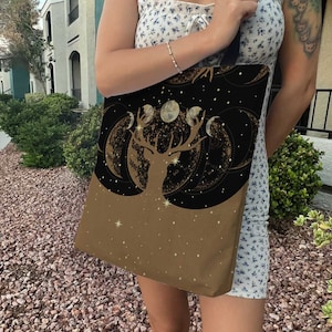 Forest Guardian Moon Deer Tote Bag, Earth tone black brown tote, Cute Cottagecore Mystical antler large Utility Polyester tote bag