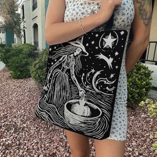 Witchy Linocut print art Tote Bag, Black white starry night witchcraft toteSpooky large Polyester tote bag, Cute boho tote bag gift