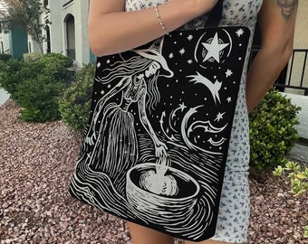 Witchy Linocut print art Tote Bag, Black white starry night witchcraft toteSpooky large Polyester tote bag, Cute boho tote bag gift