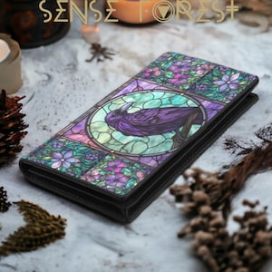Dark Academia Gothic Stained glass Raven Bi-fold wallet, Art Nouveau Renaissance Vegan Leather crow Wallet organizer Long clutch purse
