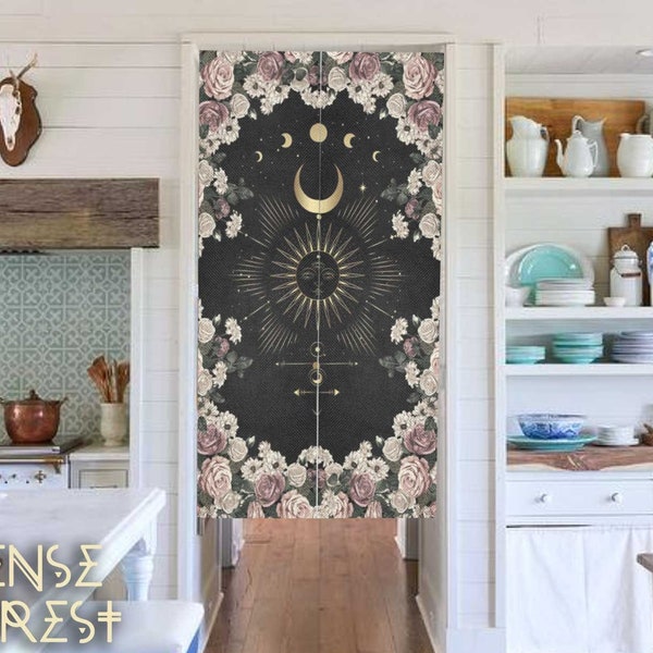 Rideau Noren lune rose pâle Cottagecore foncé, panneaux de rideau de porte Witchy, tapisserie murale séparateurs de pièce, décoration de chambre esthétique sorcière wicca