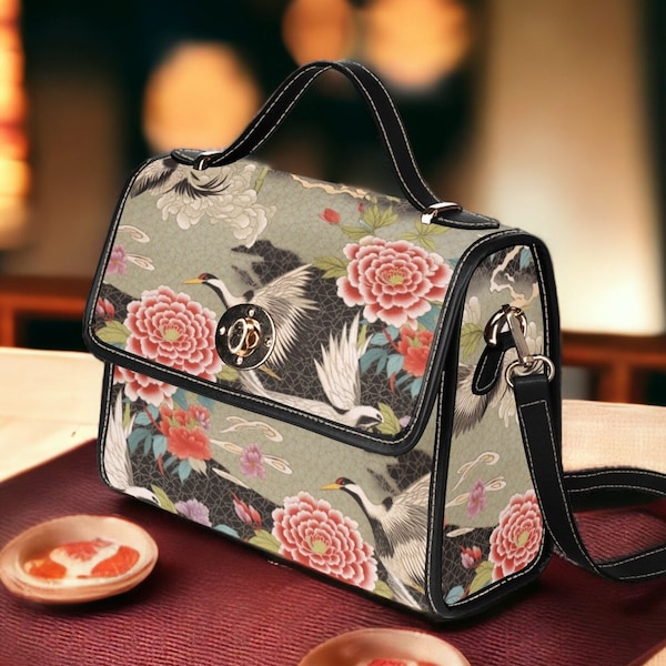 Japanese Crane birds Peony garden Canvas Satchel Bag, Asian Chinese Artistry Maximalist crossbody Bag, Wearable Art gift by Sense Forest