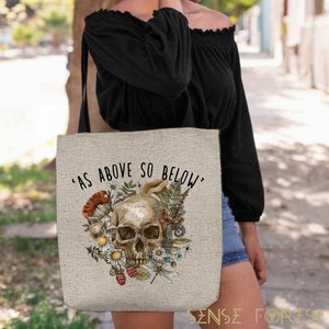 As above so below Forest green witch magic mushroom Skull burlap print All over print Tote Bag, Goth bag, wicca witch bag with lining