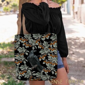 Cottagecore Tote Bag, Forest witch Cherry bush Crow mystical tote, Boho Wicca bag, Pagan Occult aesthetic art Polyester Black Wicca tote bag