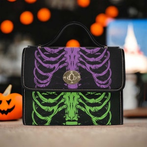 Kawaii Goth Halloween Canvas Satchel bag, purple green witchy skeleton purse, Vegan leather strap Dark Cottagecore little black boxy bag