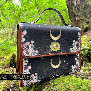 Cottagecore witch Canvas Satchel bag, Cute women rose moon crossed body purse, cute vegan leather strap hand bag goth bag, hippies boho gift