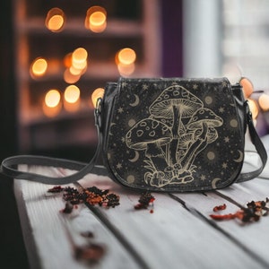 Boho Celestial mushroom Vegan leather Goth saddle bag, witchy crossed body cute PU leather hand bag goth bag, hippies witch purse bag gift