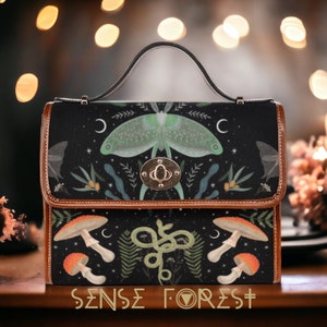 Cottagecore Luna moth Forest Canvas Satchel bag, women Witchy Snake mushroom crossbody purse, Vegan leather Goth handbag, hippies boho gift