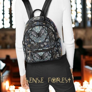 Gothic Stained Glass Bat backpack, Dark Academia witchy Goth Women's Casual PU Backpack, Cathedral Medieval back to school day back pack