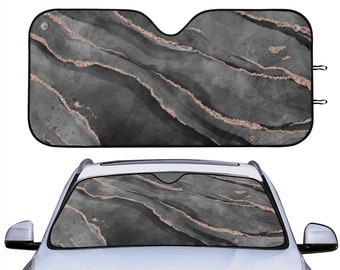 Dark Grey Watercolor Rose gold Glitter Marble Car sun shade for windshield, Agate Window Sun Blocker, Geode car accessory Auto Decor Screen