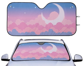 Cute Pastel pink Cloud Car sunshade for windshield cover, Big moon blue pink sky anime Window Sun Blocker, kawaii car accessories decor