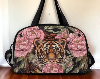 Pink Peony Tiger Bolsa de deporte para actividades deportivas con compartimento para zapatos, bolsa de equipaje de viaje, fin de semana nocturno con leggings de yoga a juego