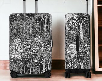 Housse de bagage en polyester noir et blanc linogravure forêt, décor de valise protecteur de bagage extensible monochrome, cadeau de voyageur amateur de voyage