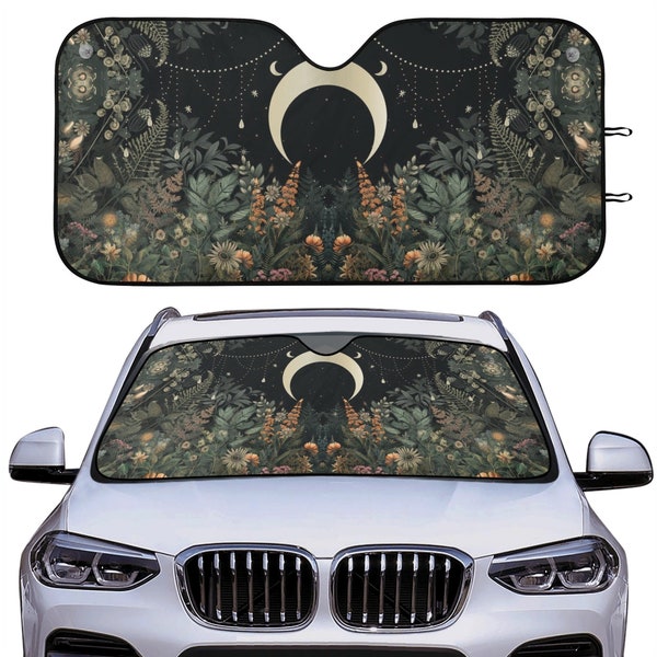 Lush forest Mystical witchy moon Car sunshade for windshield cover, Boho Green nature lover Window Sun Blocker, Cute car accessories decor