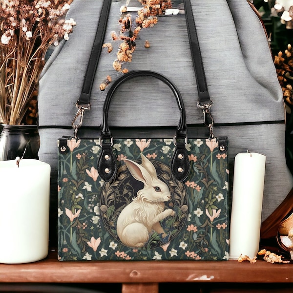 Poignées supérieures florales en lapin blanc Cottagecore Sac à main fourre-tout en cuir végétalien, sac à bandoulière bohème botanique, joli sac à bandoulière, cadeau lapin