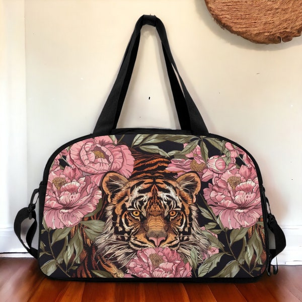 Pink Peony Tiger Sport activities gym duffle bag with shoes compartment, Travel Luggage Bag, overnight weekender with matching yoga leggings