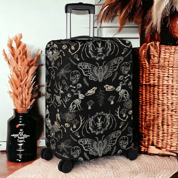 Dark academia animal bones Luggage Cover, Gothic witchy skeletons stretchy Luggage protector suitcase decor, Travel lover traveller gift