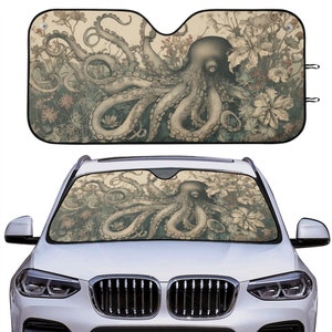 vintage art giant octopus botanical Car sun shade for windshield, Dark academia Window Sun Blocker, cute car accessories Auto Decor Screen