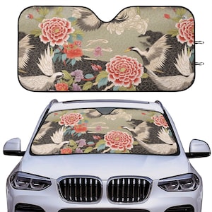 Japanese Ukiyo-e Asian Artistry Car sunshade for windshield, Japan Kimono Crane Peony Window Sun Blocker, car accessories Auto Decor Screen