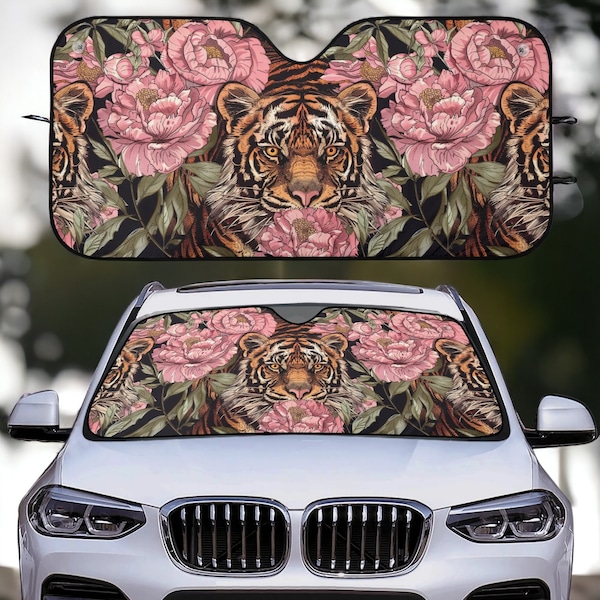 Vintage Bold floral Camo Pink peony Tiger Car sunshade for windshield cover, Maximalist boho Window Sun Blocker, Cute car accessories decor