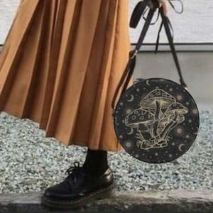 Black Vegan leather 8 inches Round Sling handbag, Forest Witch magic mushroom crossbody bag, Cute Goth drum bag, Boho hippies purse gift