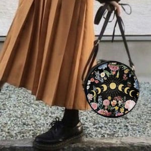 Boho Black Vegan leather Moon phase Sling bag, Forest Witch floral 8 inches Round  handbag, Cute Goth Round drum crossbody purse Witch gift